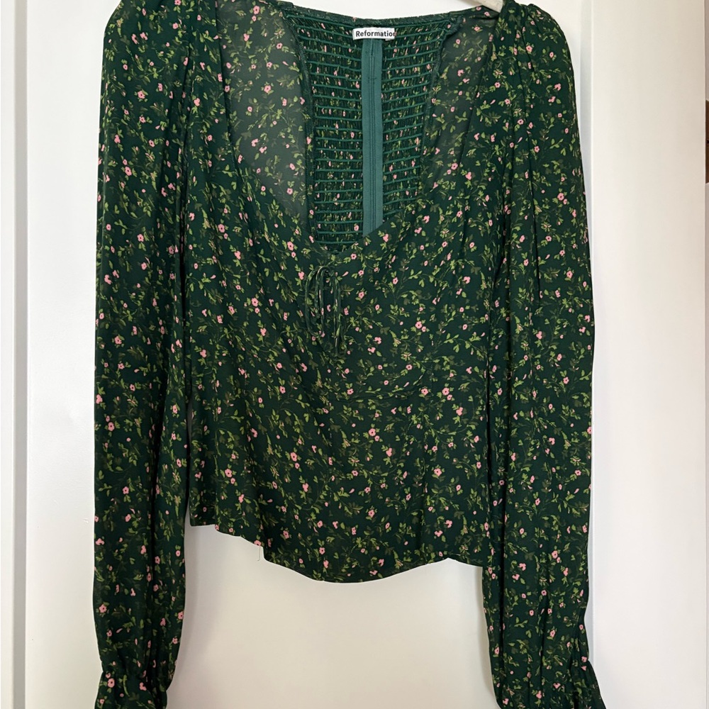 Reformation Dark Green Floral Blouse